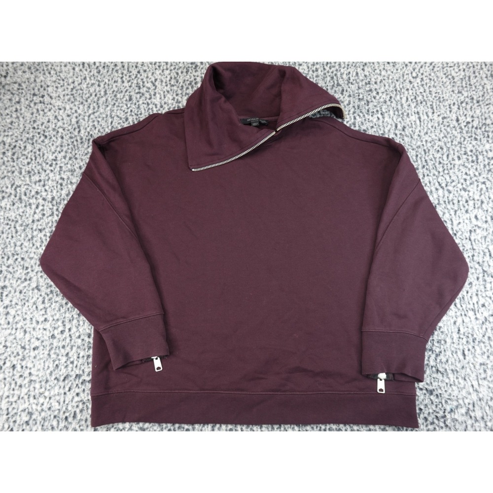 AllSaints Womens Medium Burgundy Asymmetric Zip Neck Sweatshirt Pullover Edgy